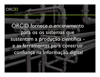 ORCID fornece o encanamento
para os os sistemas que
sustentam a produção científica -
e as ferramentas para construir
confiança na informação digital
 