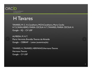 H Tavares
TAVARES, M. C. H.;Cavalheiro, MCH;Cavalheiro, Maria Cecilia
H.T.;CAVALHEIRO, MARIA CECÍLIA H.T.;TAVARES, MARIA C...