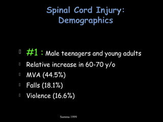  #1 : Male teenagers and young adults
 Relative increase in 60-70 y/o
 MVA (44.5%)
 Falls (18.1%)
 Violence (16.6%)
Summa 1999
 