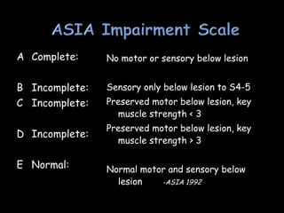 A Complete:
B Incomplete:
C Incomplete:
D Incomplete:
E Normal:
No motor or sensory below lesion
Sensory only below lesion to S4-5
Preserved motor below lesion, key
muscle strength < 3
Preserved motor below lesion, key
muscle strength > 3
Normal motor and sensory below
lesion -ASIA 1992
 