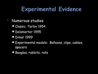  Numerous studies
 Classic: Tarlov 1954
 Delamarter 1995
 Dimar 1999
 Experimental models: Balloons, clips, cables,
spacers
 Beagles, rabbits, rats
 