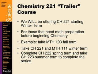 We WILL be offering CH 221 starting Winter Term For those that need math preparation before beginning Chemistry Example: take MTH 103 fall term Take CH 221 and MTH 111 winter term Complete CH 222 spring term and take  CH 223 summer term to complete the series Chemistry 221 “Trailer” Course 