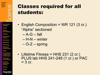 English Composition = WR 121 (3 cr.) “ Alpha” sectioned A-G – fall H-N – winter O-Z – spring Lifetime Fitness = HHS 231 (2 cr.)  PLUS lab HHS 241-248 (1 cr.) or PAC  = 3 cr. Classes required for all students: 