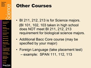 BI 211, 212, 213 is for Science majors. (BI 101, 102, 103 taken in high school does NOT meet BI 211, 212, 213 requirement for biological science majors. Additional Bacc Core course (may be specified by your major) Foreign Language (take placement test) example:  SPAN 111, 112, 113 Other Courses 