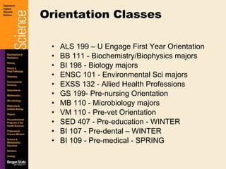 ALS 199 – U Engage First Year Orientation BB 111 - Biochemistry/Biophysics majors BI 198 - Biology majors ENSC 101 - Environmental Sci majors EXSS 132 - Allied Health Professions GS 199- Pre-nursing Orientation MB 110 - Microbiology majors VM 110 - Pre-vet Orientation SED 407 - Pre-education - WINTER BI 107 - Pre-dental – WINTER BI 109 - Pre-medical - SPRING Orientation Classes 