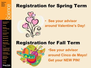 See your advisor around Valentine’s Day! See your advisor around Cinco de Mayo! Get your NEW PIN! Registration for Spring Term Registration for Fall Term 