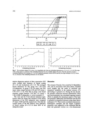 372                                                                                                                                                                                              MEDICAL HYPOTHESES


                                                    0

                                                -1,

                                                -2.

                                                -3
                                       to
                                       t-       -4

                                                -5

                                                -6


                                                -7                                        1'5                '     '   2~0 . . . .                   2~5 . . . .
                                                                                                                       Inr


                                                                                                     Emb 9       --K--- Emb 12 ~        Emb 16



      5                                                                                                                             8
C                                                                                                                              C
0                                                                                                                              O
r
 r   4                                                                                                                         r
?                                                                                                                              ?6
 i   3                                          .                                                                              i
0                                                                                                                              O
n                                                                                                                              n    4

d
i
      2                                                                                                                        ?
m                                                                                                                              m
e                                                                                                                              e    2
n     1                                                                                                                        [I


0                                                                                                                              O
n    0                                                                                                                         n
          .   .       .       .    .    .       .       .       .   .   .    .        .    .                                        0    .   .       .   .   .       .    .   .               110 111    I    i    I4    I
          2       3       4       5         6       7       8       9   10       11       12    13   14   15      16                     2       3       4       5       6        7   8   9             1    13   1     1    16
 b                                Embedding dimension                                                                         c                                  Embedding dimension
Fig. 2 The correlation integral C(r) versus r on a logarithmicplot. Seen are embeddingdimensions m = 2, 4, 6, 9, 12, 16. (b) The slope
of the scaling region as a function of the embeddingdimension (m), for a healthy subject (26 years). Note the saturation towards a
correlation dimension (D2) estimate of ~4. (c) For a randomlygenerated version of R-R intervals, the slope estimates of In C(r) versus
lnr, as a functionof the embeddingdimension, do not saturate.




relative dispersion analysis of their consecutive PD2                                                                        Discussion
series yielded both instances of fractal scaling
(D < 1.5) and stochasticity (D > 1.5). The averaged                                                                          The concept of fractals, first coined by B. Mandelbrot
fractal dimension for this group was 1.39 4-0.04                                                                             (26), and its association with chaos theory, heralded
(14 subepochs). In group 2 (47-56 years), the PD2                                                                            novel insights into the realm of structural and
mean values ranged between 4.58 and 5.03 (mean =                                                                             dynamical variability in the medical sciences (27)
4.79 ± 0.17, n = 4). Note that in group 2 the fractal                                                                        and biology in general (11). During the last decade,
estimates ranged between 1.09 and 1.33 (mean =                                                                               the intimate connection between deterministic chaos
1.20 ± 0.008, 8 subepochs), i.e. never exceeded 1.5.                                                                         and fractal geometry has stimulated ongoing research
   The t-test and the F-test showed statistical signi-                                                                       efforts to quantify the dynamical aspects of the heart
ficance when the means and variances of the fractal                                                                          rate generator. Babloyantz and Destexhe were the first
dimensions of the PD2 subepochs were compared                                                                                to quantify its dynamical measures using chaos theory
(P values: 0.004 and 0.02, respectively). Note that the                                                                      techniques (17). Their results (correlation dimensions,
overall results of the RD analysis were indicative                                                                           Kolmogorov entropies and the largest Lyapunov
of fractal scaling (D < 1.5) in about 80% of all                                                                             exponent), were supportive to the contention that the
subepochs tested.                                                                                                            heart rate generator evolves on a low-dimensional
 