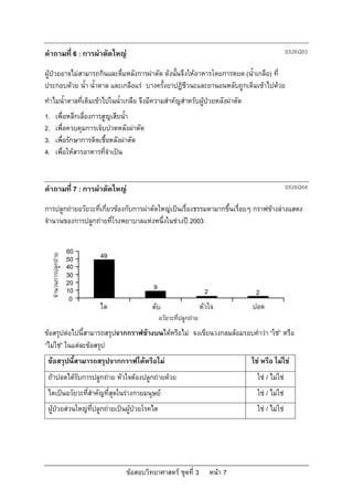 คําถามที่ 6 : การผาตัดใหญ                                                                           S526Q03

ผูปวยอาจไมสามารถกินและดื่มหลังการผาตัด ดังนั้นจึงใหอาหารโดยการหยด (น้ําเกลือ) ที่
ประกอบดวย น้ํา น้ําตาล และเกลือแร บางครั้งยาปฏิชีวนะและยานอนหลับถูกเติมเขาไปดวย
ทําไมน้ําตาลที่เติมเขาไปในน้ําเกลือ จึงมีความสําคัญสําหรับผูปวยหลังผาตัด
1.           เพื่อหลีกเลี่ยงการสูญเสียน้ํา
2.           เพื่อควบคุมการเจ็บปวดหลังผาตัด
3.           เพื่อรักษาการติดเชื้อหลังผาตัด
4.           เพื่อใหสารอาหารที่จําเปน


คําถามที่ 7 : การผาตัดใหญ                                                                           S526Q04

การปลูกถายอวัยวะที่เกี่ยวของกับการผาตัดใหญเปนเรื่องธรรมดามากขึ้นเรื่อยๆ กราฟขางลางแสดง
จํานวนของการปลูกถายทีโรงพยาบาลแหงหนึ่งในชวงป 2003
                          ่


                         60   49
     จํานวนการปลูกถาย




                         50
                         40
                         30
                         20                    9
                         10                                             2             2
                          0
                              ไต               ตับ                     หัวใจ         ปอด
                                                   อวัยวะที่ปลูกถาย
ขอสรุปตอไปนี้สามารถสรุปจากกราฟขางบนไดหรือไม จงเขียนวงกลมลอมรอบคําวา “ใช” หรือ
“ไมใช” ในแตละขอสรุป
 ขอสรุปนี้สามารถสรุปจากกราฟไดหรือไม                                               ใช หรือ ไมใช
 ถาปอดไดรับการปลูกถาย หัวใจตองปลูกถายดวย                                         ใช / ไมใช
 ไตเปนอวัยวะที่สําคัญที่สุดในรางกายมนุษย                                            ใช / ไมใช
 ผูปวยสวนใหญที่ปลูกถายเปนผูปวยโรคไต                                            ใช / ไมใช




                                     ขอสอบวิทยาศาสตร ชุดที่ 3             หนา 7
 
