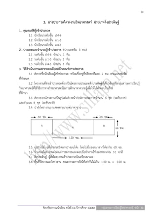 10

                       3. การประกวดโครงงานวิทยาศาสตร์ ประเภทสิ่งประดิษฐ์
1. คุณสมบัติผู้เข้าประกวด
         1.1 นักเรียนระดับชั้น ป.4-6
         1.2 นักเรียนระดับชั้น ม.1-3
         1.3 นักเรียนระดับชั้น ม.4-6
2. ประเภทและจานวนผู้เข้าประกวด (ประเภททีม 3 คน)
         2.1 ระดับชั้น ป.4-6 จานวน 1 ทีม
         2.2 ระดับชั้น ม.1-3 จานวน 1 ทีม
         2.3 ระดับชั้น ม.4-6 จานวน 1 ทีม
3. วิธีดาเนินการและรายละเอียดหลักเกณฑ์การประกวด
         3.1 ส่งรายชื่อนักเรียนผู้เข้าประกวด พร้อมชื่อครูที่ปรึกษาทีมละ 2 คน ตามแบบฟอร์ม
ที่กาหนด
         3.2 โครงงานที่ส่งเข้าประกวดต้องเป็นโครงงานประเภทสิ่งประดิษฐ์ที่เกี่ยวข้องกับกลุ่มสาระการเรียนรู้
วิทยาศาสตร์ที่ใช้วิธีการทางวิทยาศาสตร์ในการศึกษาหาความรู้เพื่อให้ได้คาตอบในเรื่อง
ที่ศึกษา
         3.3 ส่งรายงานโครงงานเป็นรูปเล่มล่วงหน้าก่อนการประกวดจานวน 5 ชุด (ระดับภาค)
และจานวน 6 ชุด (ระดับชาติ)
         3.4 นาผังโครงงานมาแสดงตามเกณฑ์มาตรฐาน

                60 ซม.                                                    60 ซม.

                   ก                             ข                          ก
                                                                                        60 ซม.

                                               120 ซม.

        3.5   อุปกรณ์อื่นๆที่นามาสาธิตอาจวางบนโต๊ะ โดยไม่ยื่นออกมาจากโต๊ะเกิน 60 ซม.
        3.6   นาเสนอโครงงานต่อคณะกรรมการและตอบข้อซักถามใช้เวลาประมาณ 10 นาที
        3.7   สิ่งประดิษฐ์ ผู้ส่งโครงงานเข้าประกวดจัดเตรียมมาเอง
        3.8   พื้นที่จัดวางแผงโครงงาน คณะกรรมการจัดให้เท่ากันไม่เกิน 1.50 ม. × 1.00 ม.




                       ศิลปหัตถกรรมนักเรียน ครั้งที่ ๖๒ ปีการศึกษา ๒๕๕๕    กลุ่มสาระการเรียนรู้วิทยาศาสตร์ หน้า 10
 