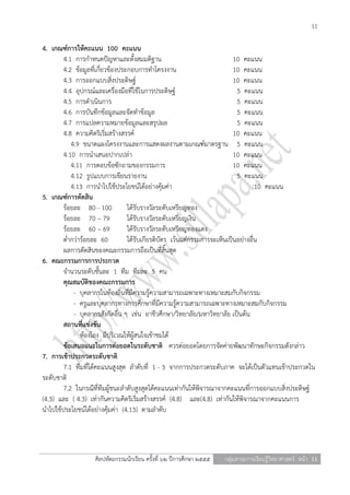 11

4. เกณฑ์การให้คะแนน 100 คะแนน
        4.1 การกาหนดปัญหาและตั้งสมมติฐาน                                   10 คะแนน
        4.2 ข้อมูลที่เกี่ยวข้องประกอบการทาโครงงาน                          10 คะแนน
        4.3 การออกแบบสิ่งประดิษฐ์                                          10 คะแนน
        4.4 อุปกรณ์และเครื่องมือที่ใช้ในการประดิษฐ์                         5 คะแนน
        4.5 การดาเนินการ                                                    5 คะแนน
        4.6 การบันทึกข้อมูลและจัดทาข้อมูล                                   5 คะแนน
        4.7 การแปลความหมายข้อมูลและสรุปผล                                   5 คะแนน
        4.8 ความคิดริเริ่มสร้างสรรค์                                       10 คะแนน
           4.9 ขนาดแผงโครงงานและการแสดงผลงานตามเกณฑ์มาตรฐาน 5 คะแนน
        4.10 การนาเสนอปากเปล่า                                             10 คะแนน
           4.11 การตอบข้อซักถามของกรรมการ                                  10 คะแนน
           4.12 รูปแบบการเขียนรายงาน                                        5 คะแนน
           4.13 การนาไปใช้ประโยชน์ได้อย่างคุ้มค่า                                   10 คะแนน
5. เกณฑ์การตัดสิน
        ร้อยละ 80 - 100           ได้รับรางวัลระดับเหรียญทอง
        ร้อยละ 70 – 79            ได้รับรางวัลระดับเหรียญเงิน
        ร้อยละ 60 – 69            ได้รับรางวัลระดับเหรียญทองแดง
        ต่ากว่าร้อยละ 60          ได้รับเกียรติบัตร เว้นแต่กรรมการจะเห็นเป็นอย่างอื่น
        ผลการตัดสินของคณะกรรมการถือเป็นที่สิ้นสุด
6. คณะกรรมการการประกวด
        จานวนระดับชั้นละ 1 ทีม ทีมละ 5 คน
        คุณสมบัติของคณะกรรมการ
            - บุคลากรในท้องถิ่นที่มีความรู้ความสามารถเฉพาะทางเหมาะสมกับกิจกรรม
            - ครูและบุคลากรทางการศึกษาที่มีความรู้ความสามารถเฉพาะทางเหมาะสมกับกิจกรรม
            - บุคลากรสังกัดอื่น ๆ เช่น อาชีวศึกษา/วิทยาลัย/มหาวิทยาลัย เป็นต้น
        สถานที่แข่งขัน
               ห้องโถง มีบริเวณให้ผู้สนใจเข้าชมได้
        ข้อเสนอแนะในการต่อยอดในระดับชาติ ควรต่อยอดโดยการจัดค่ายพัฒนาทักษะกิจกรรมดังกล่าว
7. การเข้าประกวดระดับชาติ
        7.1 ทีมที่ได้คะแนนสูงสุด ลาดับที่ 1 - 3 จากการประกวดระดับภาค จะได้เป็นตัวแทนเข้าประกวดใน
ระดับชาติ
        7.2 ในกรณีที่ทีมผู้ชนะลาดับสูงสุดได้คะแนนเท่ากันให้พิจารณาจากคะแนนที่การออกแบบสิ่งประดิษฐ์
(4.3) และ ( 4.3) เท่ากันความคิดริเริ่มสร้างสรรค์ (4.8) และ(4.8) เท่ากันให้พิจารณาจากคะแนนการ
นาไปใช้ประโยชน์ได้อย่างคุ้มค่า (4.13) ตามลาดับ




                   ศิลปหัตถกรรมนักเรียน ครั้งที่ ๖๒ ปีการศึกษา ๒๕๕๕   กลุ่มสาระการเรียนรู้วิทยาศาสตร์ หน้า 11
 