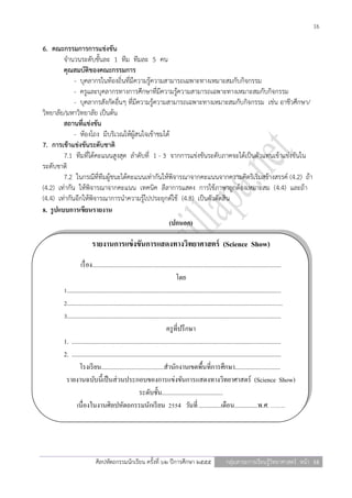 16

6. คณะกรรมการการแข่งขัน
         จานวนระดับชั้นละ 1 ทีม ทีมละ 5 คน
         คุณสมบัติของคณะกรรมการ
             - บุคลากรในท้องถิ่นที่มีความรู้ความสามารถเฉพาะทางเหมาะสมกับกิจกรรม
             - ครูและบุคลากรทางการศึกษาที่มีความรู้ความสามารถเฉพาะทางเหมาะสมกับกิจกรรม
             - บุคลากรสังกัดอื่นๆ ที่มีความรู้ความสามารถเฉพาะทางเหมาะสมกับกิจกรรม เช่น อาชีวศึกษา/
วิทยาลัย/มหาวิทยาลัย เป็นต้น
         สถานที่แข่งขัน
             - ห้องโถง มีบริเวณให้ผู้สนใจเข้าชมได้
7. การเข้าแข่งขันระดับชาติ
         7.1 ทีมที่ได้คะแนนสูงสุด ลาดับที่ 1 - 3 จากการแข่งขันระดับภาคจะได้เป็นตัวแทนเข้าแข่งขันใน
ระดับชาติ
         7.2 ในกรณีที่ทีมผู้ชนะได้คะแนนเท่ากันให้พิจารณาจากคะแนนจากความคิดริเริ่มสร้างสรรค์ (4.2) ถ้า
(4.2) เท่ากัน ให้พิจารณาจากคะแนน เทคนิค ลีลาการแสดง การใช้ภาษาถูกต้องเหมาะสม (4.4) และถ้า
(4.4) เท่ากันอีกให้พิจารณาการนาความรู้ไปประยุกต์ใช้ (4.8) เป็นตัวตัดสิน
8. รู ปแบบการเขียนรายงาน
                                                   (ปกนอก)

                       รายงานการแข่ งขันการแสดงทางวิทยาศาสตร์ (Science Show)
                 เรื่ อง.........................................................................................................................
                                                                              โดย
       1.........................................................................................................................................
       2..........................................................................................................................................
       3.........................................................................................................................................
                                                                        ครู ที่ปรึ กษา
       1. ......................................................................................................................................
       2. ......................................................................................................................................
                โรงเรี ยน........................................สานักงานเขตพื้นที่การศึกษา.............................
        รายงานฉบับนี้เป็ นส่ วนประกอบของการแข่งขันการแสดงทางวิทยาศาสตร์ (Science Show)
                                                      ระดับชั้น.......................................
              เนื่องในงานศิลปหัตถกรรมนักเรี ยน 2554 วันที่ ..............เดือน...............พ.ศ. …….




                          ศิลปหัตถกรรมนักเรียน ครั้งที่ ๖๒ ปีการศึกษา ๒๕๕๕                              กลุ่มสาระการเรียนรู้วิทยาศาสตร์ หน้า 16
 
