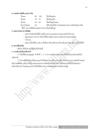 23

4. เกณฑ์การตัดสิน และรางวัล
             ร้อยละ                80 - 100          ได้เหรียญทอง
             ร้อยละ                70 – 79           ได้เหรียญเงิน
             ร้อยละ                60 – 69           ได้เหรียญทองแดง
             ต่ากว่าร้อยละ         60                ได้รับเกียรติบัตร เว้นแต่คณะกรรมการเห็นเป็นอย่างอื่น
               ทั้งนี้ ผลการตัดสินของคณะกรรมการถือเป็นสิ้นสุด
5. คณะกรรมการการตัดสิน
                   - บุคลากรในท้องถิ่นที่มีความรู้ความสามารถเฉพาะทางเหมาะสมกับกิจกรรม
                   - ครูและบุคลากรทางการศึกษาที่มีความรู้ความสามารถเฉพาะทางเหมาะสมกับ
                       กิจกรรม
                   - บุคลากรสังกัดอื่นๆ เช่น อาชีวศึกษา/วิทยาลัย/มหาวิทยาลัย/มหาวิทยาลัยราชภัฎในพื้นที่
6. สถานที่แข่งขัน
        ห้องโถง ซึ่งมีบริเวณให้ผู้สนใจเข้าชมได้
7. การเข้าแข่งขันระดับชาติ
        7.1 ทีมที่ได้คะแนนสูงสุด ลาดับที่ 1 - 3 จากการแข่งขันระดับภาคจะได้เป็นตัวแทนเข้าแข่งขันใน
ระดับชาติ
        7.2 ในกรณีที่ทีมผู้ชนะได้คะแนนเท่ากันให้คณะกรรมพิจารณาเปรียบเทียบคะแนนความคิดสร้างสรรค์
เป็นเกณฑ์ตัดสิน แต่ในกรณีที่ฐานคะแนนของความคิดสร้างสรรค์ต่างกัน ให้คิดคะแนนที่ได้เป็นร้อยละมา
เปรียบเทียบกัน ถ้าแต่คะแนนเท่ากันอีกให้พิจารณาจากคะแนนคุณค่าของสิ่งประดิษฐ์




                    ศิลปหัตถกรรมนักเรียน ครั้งที่ ๖๒ ปีการศึกษา ๒๕๕๕    กลุ่มสาระการเรียนรู้วิทยาศาสตร์ หน้า 23
 