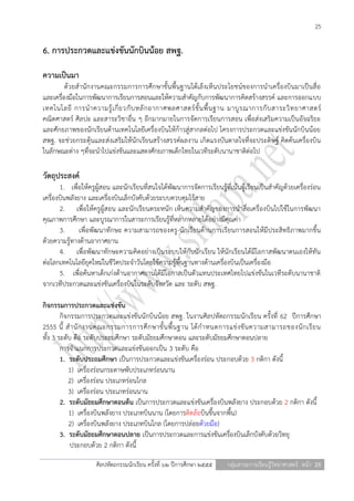 25

6. การประกวดและแข่งขันนักบินน้อย สพฐ.

ความเป็นมา
         ด้วยสานักงานคณะกรรมการการศึกษาขั้นพื้นฐานได้เล็งเห็นประโยชน์ของการนาเครื่องบินมาเป็นสื่อ
และเครื่องมือในการพัฒนาการเรียนการสอนและให้ความสาคัญกับการพัฒนาการคิดสร้างสรรค์ และการออกแบบ
เทคโนโลยี การน าความรู้ เ กี่ ย วกั บ หลั ก อากาศพลศาสตร์ ขั้ น พื้ น ฐาน มาบู ร ณาการกั บ สาระวิ ท ยาศาสตร์
คณิตศาสตร์ ศิลปะ และสาระวิชาอื่น ๆ อีกมากมายในการจัดการเรียนการสอน เพื่อส่งเสริมความเป็นอัจฉริยะ
และศักยภาพของนักเรียนด้านเทคโนโลยีเครื่องบินให้ก้าวสู่สากลต่อไป โครงการประกวดและแข่งขันนักบินน้อย
สพฐ. จะช่วยกระตุ้นและส่งเสริมให้นักเรียนสร้างสรรค์ผลงาน เกิดแรงบันดาลใจที่จะประดิษฐ์ คิดค้นเครื่องบิน
ในลักษณะต่าง ๆที่จะนาไปแข่งขันและแสดงศักยภาพเด็กไทยในเวทีระดับนานาชาติต่อไป

วัตถุประสงค์
      1. เพื่อให้ครูผู้สอน และนักเรียนที่สนใจได้พัฒนาการจัดการเรียนรู้ที่เน้นผู้เรียนเป็นสาคัญด้วยเครื่องร่อน
เครืองบินพลังยาง และเครื่องบินเล็กบังคับด้วยระบบควบคุมไร้สาย
    ่
      2. เพื่อให้ครูผู้สอน และนักเรียนตระหนัก เห็นความสาคัญของการนาสื่อเครื่องบินไปใช้ในการพัฒนา
คุณภาพการศึกษา และบูรณาการในสาระการเรียนรู้ที่หลากหลายได้อย่างมีคุณค่า
      3. เพื่อพัฒนาทักษะ ความสามารถของครู-นักเรียนด้านการเรียนการสอนให้มีประสิทธิภาพมากขึ้น
ด้วยความรู้ทางด้านอากาศยาน
      4. เพื่อพัฒนาทักษะความคิดอย่างเป็นระบบให้กับนักเรียน ให้นักเรียนได้มีโอกาสพัฒนาตนเองให้ทัน
ต่อโลกเทคโนโลยียุคใหม่ในชีวิตประจาวันโดยใช้ความรู้พื้นฐานทางด้านเครื่องบินเป็นเครื่องมือ
      5. เพื่อค้นหาเด็กเก่งด้านอากาศยานได้มีโอกาสเป็นตัวแทนประเทศไทยไปแข่งขันในเวทีระดับนานาชาติ
จากเวทีประกวดและแข่งขันเครื่องบินในระดับจังหวัด และ ระดับ สพฐ.

กิจกรรมการประกวดและแข่งขัน
        กิจกรรมการประกวดและแข่งขันนักบินน้อย สพฐ. ในงานศิลปหัตถกรรมนักเรียน ครั้งที่ 62 ปีการศึกษา
2555 นี้ ส านั ก งานคณะกรรมการการศึ ก ษาขั้ น พื้ น ฐาน ได้ ก าหนดการแข่ ง ขั น ความสามารถของนั ก เรี ย น
ทั้ง 3 ระดับ คือ ระดับประถมศึกษา ระดับมัธยมศึกษาตอน และระดับมัธยมศึกษาตอนปลาย
        การจาแนกการประกวดและแข่งขันออกเป็น 3 ระดับ คือ
        1. ระดับประถมศึกษา เป็นการประกวดและแข่งขันเครื่องร่อน ประกอบด้วย 3 กติกา ดังนี้
           1) เครื่องร่อนกระดาษพับประเภทร่อนนาน
           2) เครื่องร่อน ประเภทร่อนไกล
           3) เครื่องร่อน ประเภทร่อนนาน
        2. ระดับมัธยมศึกษาตอนต้น เป็นการประกวดและแข่งขันเครื่องบินพลังยาง ประกอบด้วย 2 กติกา ดังนี้
           1) เครื่องบินพลังยาง ประเภทบินนาน (โดยการติดล้อบินขึ้นจากพื้น)
           2) เครื่องบินพลังยาง ประเภทบินไกล (โดยการปล่อยด้วยมือ)
        3. ระดับมัธยมศึกษาตอนปลาย เป็นการประกวดและการแข่งขันเครื่องบินเล็กบังคับด้วยวิทยุ
            ประกอบด้วย 2 กติกา ดังนี้

                     ศิลปหัตถกรรมนักเรียน ครั้งที่ ๖๒ ปีการศึกษา ๒๕๕๕   กลุ่มสาระการเรียนรู้วิทยาศาสตร์ หน้า 25
 