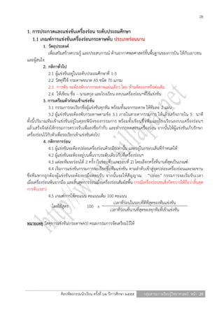 28

1. การประกวดและแข่งขันเครื่องร่อน ระดับประถมศึกษา
   1.1 เกณฑ์การแข่งขันเครื่องร่อนกระดาษพับ ประเภทร่อนนาน
             1. วัตถุประสงค์
                เพื่อเสริมสร้างความรู้ และประสบการณ์ ด้านอากาศพลศาสตร์ขั้นพื้นฐานของการบิน ให้กับเยาวชน
และผู้สนใจ
             2. กติกาทั่วไป
                2.1 ผู้แข่งขันอยู่ในระดับประถมศึกษาที่ 1-3
                2.2 วัสดุที่ใช้ กระดาษขนาด A5 ชนิด 70 แกรม
                2.3 การพับ จะต้องพับจากกระดาษแผ่นเดียว โดย ห้ามตัดออกหรือต่อเติม
                2.4 ให้เขียน ชื่อ – นามสกุล และโรงเรียน ลงบนเครื่องร่อนฯที่ใช้แข่งขัน
             3. การเตรียมตัวก่อนเข้าแข่งขัน
                3.1 กรรมการจะเรียกชื่อผู้แข่งขันทุกทีม พร้อมทั้งแจกกระดาษ ให้ทีมละ 2 แผ่น
                3.2 ผู้แข่งขันจะต้องพับกระดาษตามข้อ 3.1 ภายในสายตากรรมการ ให้แล้วเสร็จภายใน 5 นาที
ทั้งนี้ ปริมาณทีมเข้าแข่งขันอยู่ในดุล ยพินิจของกรรมการ พร้อมทั้งเขียนชื่ อทีมและโรงเรียนลงบนเครื่องร่อนฯ
แล้วเสร็จจึงส่งให้กรรมการตรวจรับเพื่อลงชื่อกากับ และทาการทดสอบเครื่องร่อน จากนั้นให้ผู้แข่งขันเก็บรักษา
เครื่องร่อนไว้กับตัวเพื่อรอเรียกเข้าแข่งขันต่อไป
             4. กติกาการร่อน
                4.1 ผู้แข่งขันจะต้องปล่อยเครื่องร่อนด้วยมือเท่านั้น และอยู่ในกรอบเส้นที่กาหนดให้
                4.2 ผู้แข่งขันจะต้องอยู่บนพื้นราบระดับเดียวกับที่เครื่องร่อนฯ
                4.3 แต่ละทีมจะร่อนได้ 2 ครั้ง (ในรอบที่1และรอบที่ 2) โดยเลือกครั้งที่นานที่สุดเป็นเกณฑ์
                4.4 เริ่มการแข่งขันกรรมการจะเรียกชื่อทีมแข่งขัน ตามลาดับเข้าสู่จุดปล่อยเครื่องร่อนและจะขาน
ชื่อทีมหากถูกต้องผู้ แข่งขันจะต้องยกมือตอบรับ จากนั้นจะให้สั ญญาณ “ปล่ อย” กรรมการจะเริ่มจับเวลา
เมื่อเครื่องร่อนพ้นจากมือ และสิ้นสุดการร่อนเมื่อเครื่องร่อนสัมผัสพื้น (กรณีเครื่องร่อนชนสิ่งกีดขวางให้ถือว่าสิ้นสุด
การจับเวลา)
                4.5 เกณฑ์การให้คะแนน คะแนนเต็ม 100 คะแนน
                                                         เวลาที่ร่อนในรอบที่ดีที่สุดของทีมแข่งขัน
                   โดยใช้สูตร            100 x
                                                       เวลาที่ร่อนที่นานที่สุดของทุกทีมที่เข้าแข่งขัน

หมายเหตุ วัสดุการแข่งขัน(กระดาษA5) คณะกรรมการจัดเตรียมไว้ให้




                      ศิลปหัตถกรรมนักเรียน ครั้งที่ ๖๒ ปีการศึกษา ๒๕๕๕      กลุ่มสาระการเรียนรู้วิทยาศาสตร์ หน้า 28
 