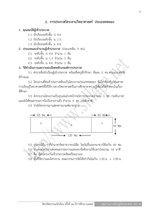 6

                         2. การประกวดโครงงานวิทยาศาสตร์ ประเภททดลอง
1. คุณสมบัติผู้เข้าประกวด
         1.1 นักเรียนระดับชั้น ป. 4-6
         1.2 นักเรียนระดับชั้น ม. 1-3
         1.3 นักเรียนระดับชั้น ม .4-6
2. ประเภทและจานวนผู้เข้าประกวด (ประเภททีม 3 คน)
         2.1. ระดับชั้น ป. 4-6 จานวน 1 ทีม
         2.2. ระดับชั้น ม. 1-3 จานวน 1 ทีม
         2.3. ระดับชั้น ม. 4-6 จานวน 1 ทีม
3. วิธีดาเนินการและรายละเอียดหลักเกณฑ์การประกวด
         3.1 ส่งรายชื่อนักเรียนผู้เข้าประกวด พร้อมชื่อครูที่ปรึกษา ทีมละ 2 คน ตามแบบฟอร์ม
ที่กาหนด
         3.2 โครงงานที่ส่งเข้าประกวดต้องเป็นโครงงานประเภททดลอง ที่เกี่ยวข้องกับกลุ่มสาระ
การเรียนรู้วิทยาศาสตร์ที่ใช้วิธีการทางวิทยาศาสตร์ในการศึกษาหาความรู้เพื่อให้ได้คาตอบในเรื่อง
ที่ศึกษา
         3.3 ส่งรายงานโครงงานเป็นรูปเล่มล่วงหน้าก่อนการประกวดจานวน 5 ชุด (ระดับภาค)
และส่งให้คณะกรรมการในวันรายงานตัว จานวน 6 ชุด (ระดับชาติ)
         3.4 นาผังโครงงานมาแสดงตามเกณฑ์มาตรฐาน

                60 ซม.                                                    60 ซม.

                   ก                             ข                          ก
                                                                                       60 ซม.

                                               120 ซม.

        3.5   อุปกรณ์อื่น ๆ ที่นามาสาธิตอาจวางบนโต๊ะ โดยไม่ยื่นออกมาจากโต๊ะเกิน 60 ซม.
        3.6   นาเสนอโครงงานต่อคณะกรรมการและตอบข้อซักถามใช้เวลาประมาณ 10 นาที
        3.7   สื่อ ผู้ส่งโครงงานเข้าประกวดจัดเตรียมมาเอง
        3.8   พื้นที่จัดวางแผงโครงงาน คณะกรรมการจัดให้เท่ากันไม่เกิน 1.50 ม. × 1.00 ม.




                       ศิลปหัตถกรรมนักเรียน ครั้งที่ ๖๒ ปีการศึกษา ๒๕๕๕     กลุ่มสาระการเรียนรู้วิทยาศาสตร์ หน้า 6
 