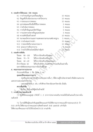 7

4. เกณฑ์การให้คะแนน 100 คะแนน
       4.1 การกาหนดปัญหาและตั้งสมมติฐาน                                    10 คะแนน
       4.2 ข้อมูลที่เกี่ยวข้องประกอบการทาโครงงาน                           10 คะแนน
       4.3 การออกแบบการทดลอง                                               10 คะแนน
       4.4 อุปกรณ์และเครื่องมือที่ใช้ในการทดลอง                              5 คะแนน
       4.5 การดาเนินการทดลอง                                                 5 คะแนน
       4.6 การบันทึกข้อมูลและจัดทาข้อมูล                                     5 คะแนน
       4.7 การแปลความหมายข้อมูลและสรุปผล                                     5 คะแนน
       4.8 ความคิดริเริ่มสร้างสรรค์                                        10 คะแนน
       4.9 ขนาดแผงโครงงานและการแสดงผลงานตามเกณฑ์มาตรฐาน                     5 คะแนน
       4.10 การนาเสนอปากเปล่า                                              10 คะแนน
       4.11 การตอบข้อซักถามของกรรมการ                                      10 คะแนน
       4.12 รูปแบบการเขียนรายงาน                                             5 คะแนน
       4.13 การนาไปใช้ประโยชน์ได้อย่างคุ้มค่า                              10 คะแนน
5. เกณฑ์การตัดสิน
       ร้อยละ 80 - 100           ได้รับรางวัลระดับเหรียญทอง
       ร้อยละ 70 – 79            ได้รับรางวัลระดับเหรียญเงิน
       ร้อยละ 60 – 69            ได้รับรางวัลระดับเหรียญทองแดง
       ต่ากว่าร้อยละ 60          ได้รับเกียรติบัตร เว้นแต่กรรมการจะเห็นเป็นอย่างอื่น
       ผลการตัดสินของคณะกรรมการถือเป็นที่สิ้นสุด
6. คณะกรรมการการประกวด
       จานวนระดับชั้นละ 1 ทีม ทีมละ 5 คน
       คุณสมบัติของคณะกรรมการ
           - ครูหรือบุคลากรทางการศึกษาหรือบุคลากรอื่น ๆ ที่มีความรู้ด้านวิทยาศาสตร์ หรือมีความสามารถ
เฉพาะทางเหมาะสมกับกิจกรรม
           - บุคลากรสังกัดอื่น ๆ เช่น อาชีวศึกษา/วิทยาลัย/มหาวิทยาลัย เป็นต้น
       สถานที่แข่งขัน
             ห้องโถง มีบริเวณให้ผู้สนใจเข้าชมได้
7. การเข้าประกวดระดับชาติ
       7.1 ทีมที่ได้คะแนนสูงสุด ลาดับที่ 1 - 3 จากการประกวดระดับภาคจะได้เป็นตัวแทนเข้าประกวดใน
ระดับชาติ
        7.2 ในกรณีที่ทีมผู้ชนะลาดับสูงสุดได้คะแนนเท่ากันให้พิจารณาจากคะแนนที่การออกแบบ(4.3) ถ้า
(4.3) เท่ากัน ให้พิจารณาจากคะแนนความคิดสร้างสรรค์ (4.8) และ(4.8) เท่ากันอีก
ให้พิจารณาที่คะแนนการนาไปใช้ประโยชน์ (4.13) ตามลาดับ




                   ศิลปหัตถกรรมนักเรียน ครั้งที่ ๖๒ ปีการศึกษา ๒๕๕๕   กลุ่มสาระการเรียนรู้วิทยาศาสตร์ หน้า 7
 