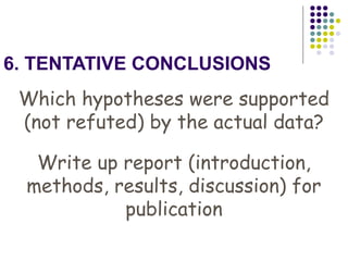 6. TENTATIVE CONCLUSIONS
 Which hypotheses were supported
 (not refuted) by the actual data?

   Write up report (introduction,
  methods, results, discussion) for
            publication
 