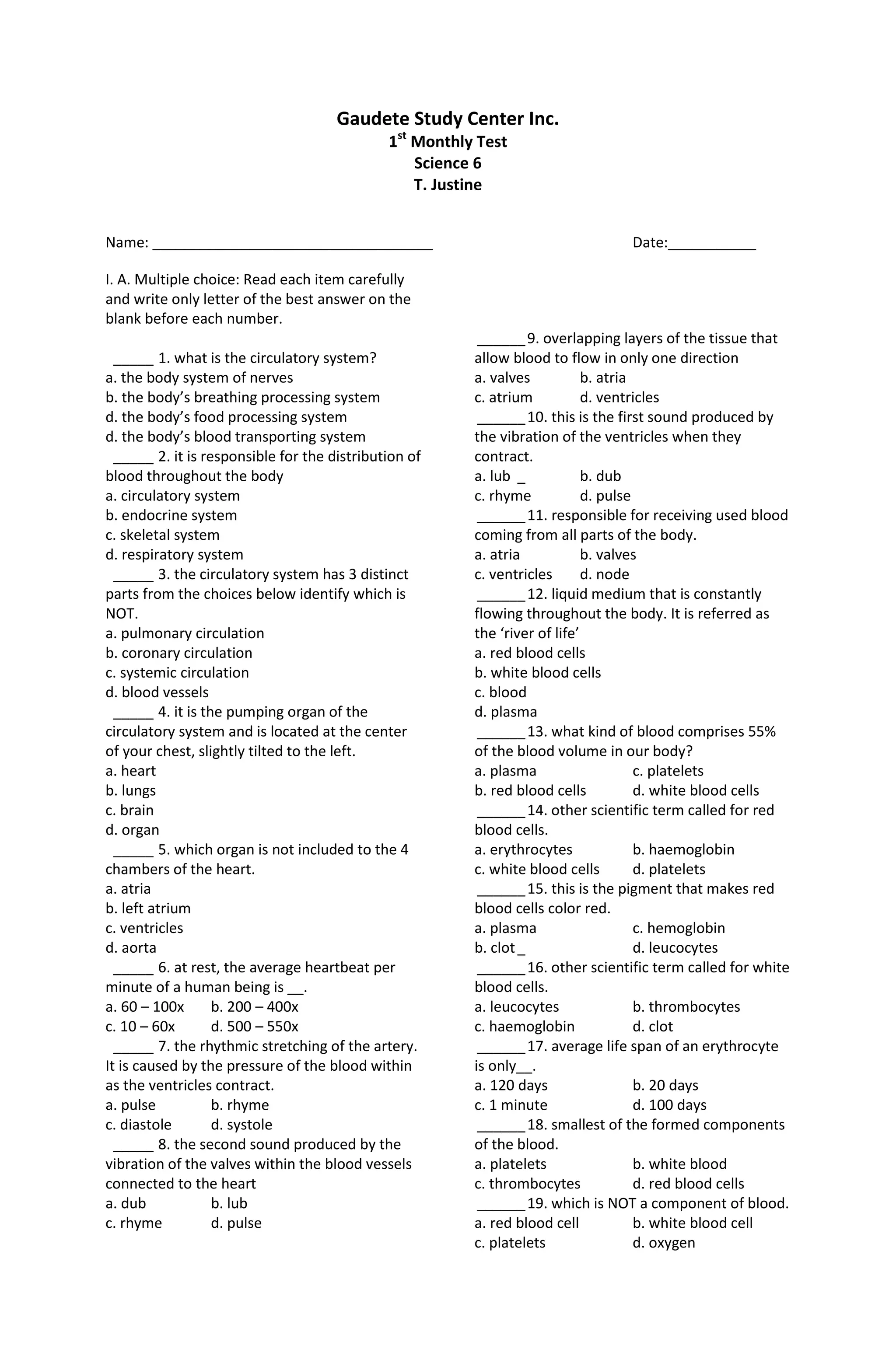 Science 6 (1st monthly) | DOCX