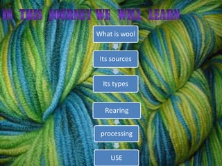 Sources of WOOL
• Wool comes from sheep, goat, yak, camel and
some other animals. These wool-yielding
animals bear hair on...