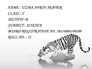 NAME : UZMA AFRIN AKHTER
CLASS : X
SECTION :B
SUBJECT : SCIENCE
BOARD REGISTRATION NO. :B114084140109
ROLL NO. : 52

 