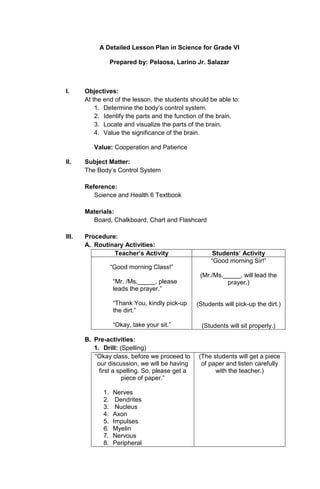 A Detailed Lesson Plan in Science for Grade VI
Prepared by: Pelaosa, Larino Jr. Salazar

I.

Objectives:
At the end of the lesson, the students should be able to:
1. Determine the body’s control system.
2. Identify the parts and the function of the brain.
3. Locate and visualize the parts of the brain.
4. Value the significance of the brain.
Value: Cooperation and Patience

II.

Subject Matter:
The Body’s Control System
Reference:
Science and Health 6 Textbook
Materials:
Board, Chalkboard, Chart and Flashcard

III.

Procedure:
A. Routinary Activities:
Teacher’s Activity

Students’ Activity
“Good morning Sir!”

“Good morning Class!”
“Mr. /Ms._____, please
leads the prayer.”
“Thank You, kindly pick-up
the dirt.”
“Okay, take your sit.”
B. Pre-activities:
1. Drill: (Spelling)
“Okay class, before we proceed to
our discussion, we will be having
first a spelling. So, please get a
piece of paper.”
1.
2.
3.
4.
5.
6.
7.
8.

Nerves
Dendrites
Nucleus
Axon
Impulses
Myelin
Nervous
Peripheral

(Mr./Ms._____, will lead the
prayer.)

(Students will pick-up the dirt.)

(Students will sit properly.)

(The students will get a piece
of paper and listen carefully
with the teacher.)

 