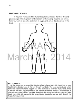 DRAFT
March 31, 2014
11
ENRICHMENT ACTIVITY
In the given framework of the human body below, illustrate the blood flow and
gas exchange in the respiratory and circulatory systems using diagrams and arrows.
Color your work to show the distinction of oxygen and carbon dioxide carried in the
blood.
KEY CONCEPTS
Air first enters your lungs and then into the left part of your heart. It is then driven by your
heart into the bloodstream, all the way through your body. The heart pumps blood, which
transports essential nutrients, oxygen, and other chemicals to every cell in your body. Once
it reaches the cells, oxygen processes the nutrients to release energy. Carbon dioxide is
given off during this process. The blood delivers carbon dioxide into the right portion of your
heart, from which it is pumped to the lungs. Carbon dioxide leaves your body through the
lungs when you exhale.
 