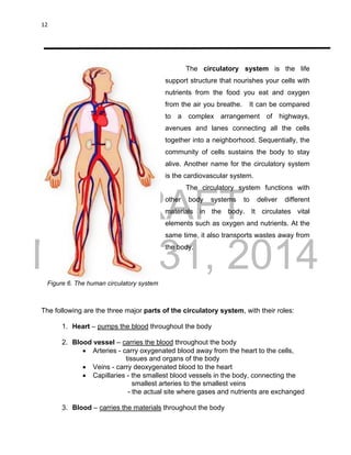 DRAFT
March 31, 2014
12
The circulatory system is the life
support structure that nourishes your cells with
nutrients from the food you eat and oxygen
from the air you breathe. It can be compared
to a complex arrangement of highways,
avenues and lanes connecting all the cells
together into a neighborhood. Sequentially, the
community of cells sustains the body to stay
alive. Another name for the circulatory system
is the cardiovascular system.
The circulatory system functions with
other body systems to deliver different
materials in the body. It circulates vital
elements such as oxygen and nutrients. At the
same time, it also transports wastes away from
the body.
The following are the three major parts of the circulatory system, with their roles:
1. Heart – pumps the blood throughout the body
2. Blood vessel – carries the blood throughout the body
 Arteries - carry oxygenated blood away from the heart to the cells,
tissues and organs of the body
 Veins - carry deoxygenated blood to the heart
 Capillaries - the smallest blood vessels in the body, connecting the
smallest arteries to the smallest veins
- the actual site where gases and nutrients are exchanged
3. Blood – carries the materials throughout the body
Figure 6. The human circulatory system
 