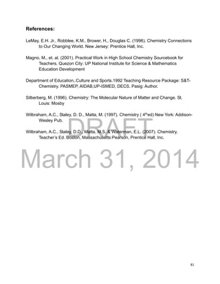 DRAFT
March 31, 2014
81
References:
LeMay, E.H. Jr., Robblee, K.M., Brower, H., Douglas C. (1996). Chemistry Connections
to Our Changing World. New Jersey: Prentice Hall, Inc.
Magno, M., et. al. (2001). Practical Work in High School Chemistry Sourcebook for
Teachers. Quezon City: UP National Institute for Science & Mathematics
Education Development
Department of Education,.Culture and Sports.1992 Teaching Resource Package: S&T-
Chemistry. PASMEP, AIDAB,UP-ISMED, DECS. Pasig: Author.
Silberberg, M. (1996). Chemistry: The Molecular Nature of Matter and Change. St.
Louis: Mosby
Wilbraham, A.C., Staley, D. D., Matta, M. (1997). Chemistry ( 4th
ed) New York: Addison-
Wesley Pub.
Wilbraham, A.C., Staley, D.D., Matta, M.S. & Waterman, E.L. (2007). Chemistry,
Teacher’s Ed. Boston, Massachusetts:Pearson, Prentice Hall, Inc.
 