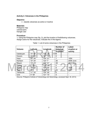 DRAFT
March 31, 2014
7
Activity 2. Volcanoes in the Philippines
Objective
 classify volcanoes as active or inactive
Materials:
Philippine map
colored pens
triangle ruler
Procedure:
1. Using the Philippine map (fig. 3), plot the location of thefollowing volcanoes.
Assign colors for the volcanoes. Indicate this in the legend.
Table 1. List of some volcanoes in the Philippines
Volcano Latitude Longitude
Number of
historical
eruptions
Latest
eruption or
activity
Cabaluyan 15° 42′ 120° 19′ 0 -
Cocoro 10° 53′ 121° 12′ 0 -
Iraya 20° 29′ 124° 01′ 1 1454
Kanlaon 10° 24′ 123° 7′ 26 2006 June
Mayon 13° 15′ 123° 41′ 49 2013 May
Pulung 7° 55′ 124° 38′ 0 -
Smith 19° 32′ 121° 55′ 6 1924
Taal 14° 120° 59′ 33 1977
Tamburok 11° 33′ 124° 26′ 0 -
Urot 5° 59′ 121° 15′ 0 -
(Source: Philippine Institute of Volcanology and Seismology, accessed Sept. 30, 2013)
 