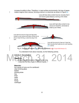 DRAFT
March 31, 2014
12
increase its ability to flow. Therefore, in near-surface environments, the loss of gases
makes magma more viscous, forming a dome or a columnar as shown in Figure 65.
Fig. 6. Viscosity of magma inat different conditions(Source: Project EASE Module 12)
To understand more about viscosity, do the following activity.
Activity 4. Viscosityrace
Objectives:
 determine the viscosity of some liquids; and
 describe the flow of gas in different liquids
Materials:
four pieces of cone out of a cardboard
clear drinking glass
beaker
drinking straw
tray
timer
water
syrup
honey
cookingoil
Lava with less silica content has low viscosity that it
can travel a great distance, forming a thin sheet.
Lava with high silica content is too
viscous to travel far, and tends to
break up as it flows.
Lava with low amount of gas and high silica
content is very viscous and does not flow out at
all as it rises forming, a columnar plug in the
vent.
Lava with low amount of gas as it rises has
high viscosity that it piles up at a vent resulting
into a dome.
 