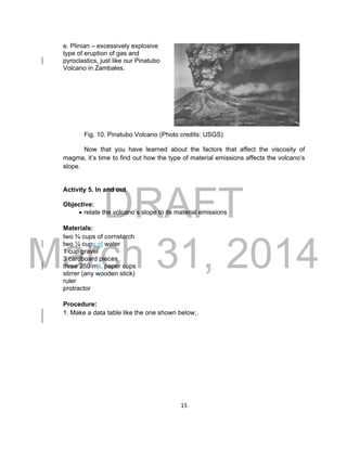 DRAFT
March 31, 2014
15
e. Plinian – excessively explosive
type of eruption of gas and
pyroclastics, just like our Pinatubo
Volcano in Zambales.
Fig. 10. Pinatubo Volcano (Photo credits: USGS)
Now that you have learned about the factors that affect the viscosity of
magma, it’s time to find out how the type of material emissions affects the volcano’s
slope.
Activity 5. In and out
Objective:
 relate the volcano’s slope to its material emissions
Materials:
two ¾ cups of cornstarch
two ¼ cups of water
1 cup gravel
3 cardboard pieces
three 250 mlL paper cups
stirrer (any wooden stick)
ruler
protractor
Procedure:
1. Make a data table like the one shown below:.
 