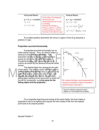 DRAFT
March 31, 2014
23
Pls. redraw the figure and incorporate the
necessary symbols to make it consistent
with formulae in the tale 7.
__________________________________________________________________
Horizontal Motion Vertical Motion
ax = 0, vx = constant ay = -ag = constant
ixfx vv  tavv giyfy 
tvxx ixif  2
2
1
tatvyy giyif 
)(2
22
ifgiyfy yyavv 
__________________________________________________________________
If y is taken positive downward, the minus (-) signs in front of ag becomes a
positive (+) sign.
Projectiles Launched Horizontally
A projectile launched horizontally has no
initial vertical velocity. Thus, its vertical motion is
identical to that of a dropped object. The
downward velocity increases uniformly due to
gravity as shown by the vector arrows of
increasing lengths. The horizontal velocity is
uniform as shown by the identical horizontal vector
arrows.
The dashed black line represents the path
of the object. The velocity vector v at each point is
in the direction of motion and thus is tangent to the
path. The velocity vectors are solid arrows, and
velocity components are dashed. (A vertically
falling object starting at the same point is shown at
the left for comparison; vy is the same for the
falling object and the projectile.)
For a projectile beginning and ending at the same height, the time it takes a
projectile to rise to its highest point equals the time it takes to fall from the highest
point back to its original position.
Sample Problem 1
To the editor: Pls change all
the formulae into
mathematical format. In the
succeeding
formulae.Pls.change vx0
withviy,vy0 with viy, x0 with xi,
y0 with yi, g with ag. Use the
formulae in this table for your
reference
Figure 9. Velocity component vector
diagram for horizontally-fired projectile.
 