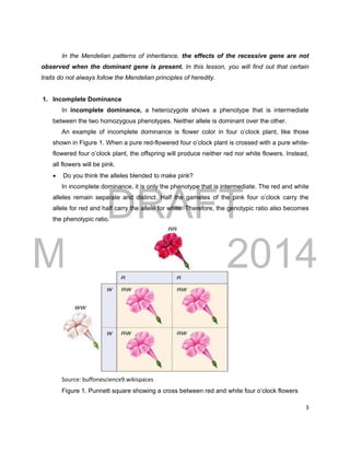 DRAFT
March 31, 2014
3
In the Mendelian patterns of inheritance, the effects of the recessive gene are not
observed when the dominant gene is present. In this lesson, you will find out that certain
traits do not always follow the Mendelian principles of heredity.
1. Incomplete Dominance
In incomplete dominance, a heterozygote shows a phenotype that is intermediate
between the two homozygous phenotypes. Neither allele is dominant over the other.
An example of incomplete dominance is flower color in four o’clock plant, like those
shown in Figure 1. When a pure red-flowered four o’clock plant is crossed with a pure white-
flowered four o’clock plant, the offspring will produce neither red nor white flowers. Instead,
all flowers will be pink.
 Do you think the alleles blended to make pink?
In incomplete dominance, it is only the phenotype that is intermediate. The red and white
alleles remain separate and distinct. Half the gametes of the pink four o’clock carry the
allele for red and half carry the allele for white. Therefore, the genotypic ratio also becomes
the phenotypic ratio.
Source: buffonescience9.wikispaces
Figure 1. Punnett square showing a cross between red and white four o’clock flowers
 