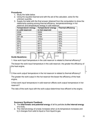DRAFT
March 31, 2014
21
Procedures:
1. Study the table below.
2. Using the equation learned and with the aid of the calculator, solve for the
unknown quantity.
3. Supply the table with the final answer obtained from the computation to show the
relationship existing among thermal efficiency, temperature/energy in hot
reservoir and temperature/ energy in cold reservoir.
Temperature/ energy
in cold reservoir
Temperature/ energy
in hot reservoir
Thermal efficiency
250K 500K 50%
230K 700K 33%
287.5K 575K 50%
650J 1054J 38%
259J 677J 62%
30°C 88°C 16%
56°C 92°C 10%
47°C 56°C 3%
77°C 93°C 4%
65°C 85°C 6%
Guide Questions:
1. How work input/ temperature in the cold reservoir is related to thermal efficiency?
The lesser the work input/ temperature in the cold reservoir, the greater the efficiency of
the heat engine.
2.How work output/ temperature in the hot reservoir is related to thermal efficiency?
The greater the work output in the hot reservoir the lesser the efficiency of the heat
engine.
3.How work input/ temperature in cold reservoir affects work output/ temperature in hot
reservoir?
The ratio of the work input with the work output determines how efficient is the engine.
Summary/ Synthesis/ Feedback
1. The total kinetic and potential energy of all its particles is the internal energy
of a body.
2. The internal energy of a body increases when a) its temperature increases and
b) it changes from solid to liquid or from liquid to gas.
 