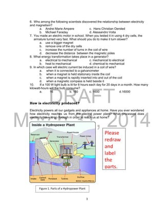 DRAFT
March 31, 2014
3
Please
redraw
and
label
the
parts.
6. Who among the following scientists discovered the relationship between electricity
and magnetism?
a. Andrei Marie Ampere c. Hans Christian Oersted
b. Michael Faraday d. Alessandro Volta
7. You made an electric motor in school. When you tested it in using 4 dry cells, the
armature turned very fast. What should you do to make it turn slower?
a. use a bigger magnet
b. remove one of the dry cells
c. increase the number of turns in the coil of wire
d. decrease the distance between the magnetic poles
8. What energy transformation takes place in a generator?
a. electrical to mechanical c. mechanical to electrical
b. heat to mechanical d. chemical to mechanical
9. In which case will electric current be induced in a coil of wire?
a. when it is connected to a galvanometer
b. when a magnet is held stationary inside the coil
c. when a magnet is rapidly inserted into and out of the coil
d. when a magnetic compass is held beside it
10. If a 100 W light bulb is lit for 8 hours each day for 20 days in a month. How many
kilowatt-hours will the bulb consume?
a. 16 b. 160 c. 1600 d.16000
How is electricity produced?
Electricity powers all our gadgets and appliances at home. Have you ever wondered
how electricity reaches us from the electric power plant? What processes does
electricity have to go through in order to reach us at home?
Figure 1. Parts of a Hydropower Plant
 
