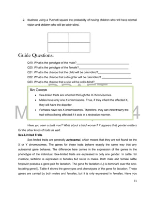 DRAFT
March 31, 2014
15
2. Illustrate using a Punnett square the probability of having children who will have normal
vision and children who will be color-blind.
Guide Questions:
Q19. What is the genotype of the male?__________________________________
Q20. What is the genotype of the female?________________________________
Q21. What is the chance that the child will be color-blind?_____________________
Q22. What is the chance that a daughter will be color-blind? ___________________
Q23. What is the chance that a son will be color-blind?________________________
Have you seen a bald man? What about a bald woman? It appears that gender matters
for the other kinds of traits as well.
Sex-Limited Traits
Sex-limited traits are generally autosomal, which means that they are not found on the
X or Y chromosomes. The genes for these traits behave exactly the same way that any
autosomal gene behaves. The difference here comes in the expression of the genes in the
phenotype of the individual. Sex-limited traits are expressed in only one gender. In cattle, for
instance, lactation is expressed in females but never in males. Both male and female cattle
however possess a gene pair for lactation. The gene for lactation (L) is dominant over the non-
lactating gene(l). Table 4 shows the genotypes and phenotypes of the gene for lactation. These
genes are carried by both males and females, but it is only expressed in females. Have you
Key Concepts
 Sex-linked traits are inherited through the X chromosomes.
 Males have only one X chromosome. Thus, if they inherit the affected X,
they will have the disorder.
 Females have two X chromosomes. Therefore, they can inherit/carry the
trait without being affected if it acts in a recessive manner.
 