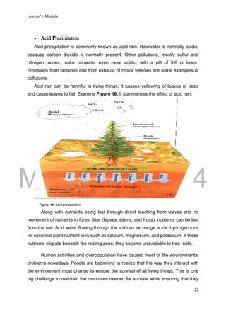 DRAFT
March 31, 2014
Learner’s Module
22
 Acid Precipitation
Acid precipitation is commonly known as acid rain. Rainwater is normally acidic,
because carbon dioxide is normally present. Other pollutants, mostly sulfur and
nitrogen oxides, make rainwater even more acidic, with a pH of 5.6 or lower.
Emissions from factories and from exhaust of motor vehicles are some examples of
pollutants.
Acid rain can be harmful to living things. It causes yellowing of leaves of trees
and cause leaves to fall. Examine Figure 16. It summarizes the effect of acid rain.
Along with nutrients being lost through direct leaching from leaves and no
movement of nutrients in forest litter (leaves, stems, and fruits), nutrients can be lost
from the soil. Acid water flowing through the soil can exchange acidic hydrogen ions
for essential plant nutrient ions such as calcium, magnesium, and potassium. If these
nutrients migrate beneath the rooting zone, they become unavailable to tree roots.
Human activities and overpopulation have caused most of the environmental
problems nowadays. People are beginning to realize that the way they interact with
the environment must change to ensure the survival of all living things. This is one
big challenge to maintain the resources needed for survival while ensuring that they
Figure 16 Acid precipitation
 