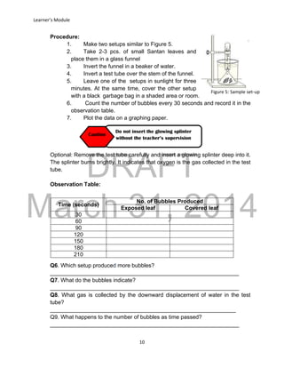 DRAFT
March 31, 2014
Learner’s Module
10
Figure 5: Sample set-up
Procedure:
1. Make two setups similar to Figure 5.
2. Take 2-3 pcs. of small Santan leaves and
place them in a glass funnel
3. Invert the funnel in a beaker of water.
4. Invert a test tube over the stem of the funnel.
5. Leave one of the setups in sunlight for three
minutes. At the same time, cover the other setup
with a black garbage bag in a shaded area or room.
6. Count the number of bubbles every 30 seconds and record it in the
observation table.
7. Plot the data on a graphing paper.
Optional: Remove the test tube carefully and insert a glowing splinter deep into it.
The splinter burns brightly. It indicates that oxygen is the gas collected in the test
tube.
Observation Table:
Q6. Which setup produced more bubbles?
_____________________________________________________________
Q7. What do the bubbles indicate?
_____________________________________________________________
Q8. What gas is collected by the downward displacement of water in the test
tube?
____________________________________________________________
Q9. What happens to the number of bubbles as time passed?
_____________________________________________________________
Time (seconds)
No. of Bubbles Produced
Exposed leaf Covered leaf
30
60
90
120
150
180
210
Do not insert the glowing splinter
without the teacher’s supervision
Caution
 
