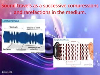Sound travels as a successive compressions
and rarefactions in the medium.