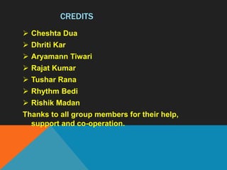 CREDITS
 Cheshta Dua
 Dhriti Kar
 Aryamann Tiwari
 Rajat Kumar
 Tushar Rana
 Rhythm Bedi
 Rishik Madan
Thanks to all group members for their help,
support and co-operation.
 
