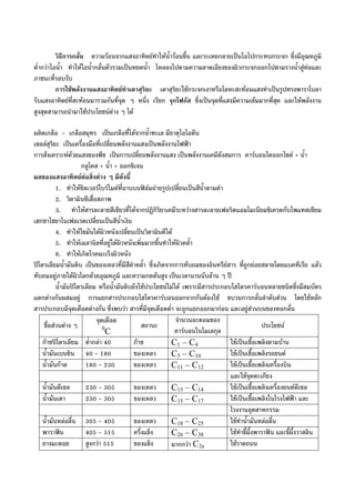 วิธีการกลั่น ความรอนจากแสงอาทิตยทําใหน้ํารอนขึ้น และระเหยกลายเปนไอไปกระทบกระจก ซึ่งมีอุณหภูมิ
ต่ํากวาไอน้ํา ทําใหไอน้ํากลั่นตัวรวมเปนหยดน้ํา ไหลลงไปตามความลาดเอียงของผิวกระจกออกไปตามรางน้ําสูทอและ
ภาชนะที่รอบรับ
การใชพลังงานแสงอาทิตยทําเตาสุริยะ เตาสุริยะใชกระจกเงาหรือโลหะสะทอนแสงทําเปนรูปทรงพาราโบลา
รับแสงอาทิตยที่สะทอนมารวมกันที่จุด ๆ หนึ่ง เรียก จุกโฟกัส ซึ่งเปนจุดที่แสงมีความเขมมากที่สุด และใหพลังงาน
สูงสุดสามารถนํามาใชประโยชนตาง ๆ ได
ผลิตเกลือ - เกลือสมุทร เปนเกลือที่ไดจากน้ําทะเล มีธาตุไอโอดีน
เซลลสุริยะ เปนเครื่องมือที่เปลี่ยนพลังงานแสงเปนพลังงานไฟฟา
การสังเคราะหดวยแสงของพืช เปนการเปลี่ยนพลังงานแสง เปนพลังงานเคมีดังสมการ คารบอนไดออกไชด + น้ํา
กลูโคส + น้ํา + ออกซิเจน
ผลของแสงอาทิตยตอสิ่งตาง ๆ มีดังนี้
1. ทําใหซิลเวอรโบรไมดที่ฉาบบนฟลมถายรูปเปลี่ยนเปนสีน้ําตามดํา
2. วิตามินซีเสื่อสภาพ
3. ทําใหสารละลายสีเขียวที่ไดจากปฏิกิริยาเคมีระหวางสารละลายเฟอริตแอมโมเนียมซิเครดกับโพแทสเซียม
เฮกชาไชยาโนเฟอเรตเปลี่ยนเปนสีน้ําเงิน
4. ทําใหไขมันใตผิวหนังเปลี่ยนเปนวิตามินดีได
5. ทําใหเมลานิลที่อยูใตผิวหนังเพิ่มมากขึ้นทําใหผิวคล้ํา
6. ทําใหเกิดโรคมะเร็งผิวหนัง
ปโตรเลียมน้ํามันดิบ เปนของเหลวที่มีสีดําคล้ํา ซึ่งเกิดจากการทับถมของอินทรียสาร ที่ถูกยอยสลายโดยแบคทีเรีย แลว
ทับถมอยูภายใตผิวโลกดวยอุณหภูมิ และความกดดันสูง เปนเวลานานนับลาน ๆ ป
น้ํามันปโตรเลียม หรือน้ํามันดิบยังใชประโยชนไมได เพราะมีสารประกอบไฮโดรคารบอนหลายชนิดซึ่งมีสมบัตร
แตกตางกันผสมอยู การแยกสารประกอบไฮโดรคารบอนออกจากกันตองใช ขบวนการกลั่นลําดับสวน โดยใชหลัก
สารประกอบมีจุดเดือดตางกัน ซึ่งพบวา สารที่มีจุดเดือดต่ํา จะถูกแยกออกมากอน และอยูสวนบนของหอกลั่น
ชื่อสวนตาง ๆ
จุดเดือด
0
C
สถานะ
จํานวนอะตอมของ
คารบอนในโมเลกุล
ประโยชน
กาซปโตรเลียม ต่ํากลา 40 กาซ C1 – C4 ใชเปนเชื้อเพลิงตามบาน
น้ํามันเบนซิน 40 - 180 ของเหลว C5 – C10 ใชเปนเชื้อเพลิงรถยนต
น้ํามันกาด 180 - 230 ของเหลว C11 – C12 ใชเปนเชื้อเพลิงเครื่องบิน
และใชจุดตะเกียง
น้ํามันดีเซล 230 - 305 ของเหลว C13 – C14 ใชเปนเชื้อเพลิงเครื่องยนตดีเซล
น้ํามันเตา 230 - 305 ของเหลว C15 – C17 ใชเปนเชื้อเพลิงในโรงไฟฟา และ
โรงงานอุตสาหกรรม
น้ํามันหลอลื่น 305 - 405 ของเหลว C18 – C25 ใชทําน้ํามันหลอลื่น
พาราฟน 405 - 515 ครึ่งแข็ง C26 – C38 ใชทําขี้ผึ้งพาราฟน และขี้ผึ้งวาสลิน
ยางมะตอย สูงกวา 515 ของแข็ง มากกวา C2a ใชราดถนน
 