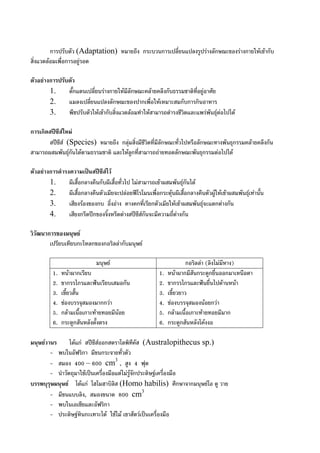 การปรับตัว (Adaptation) หมายถึง กระบวนการเปลี่ยนแปลงรูปรางลักษณะของรางกายใหเขากับ
สิ่งแวดลอมเพื่อการอยูรอด
ตัวอยางการปรับตัว
1. ตั๊กแตนเปลี่ยนรางกายใหมีลักษณะคลายคลึงกับธรรมชาติที่อยูอาศัย
2. แมลงเปลี่ยนแปลงลักษณะของปากเพื่อใหเหมาะสมกับการกินอาหาร
3. พืชปรับตัวใหเขากับสิ่งแวดลอมทําใหสามารถดํารงชีวิตและแพรพันธุตอไปได
การเกิดสปซีสใหม
สปซีส (Species) หมายถึง กลุมสิ่งมีชีวิตที่มีลักษณะทั่วไปหรือลักษณะทางพันธุกรรมคลายคลึงกัน
สามารถผสมพันธุกันไดตามธรรมชาติ และใหลูกที่สามารถถายทอดลักษณะพันธุกรรมตอไปได
ตัวอยางการดํารงความเปนสปซีสไว
1. ผีเสื้อกลางคืนกับผีเสื้อทั่วไป ไมสามารถเขาผสมพันธุกันได
2. ผีเสื้อกลางคืนตัวเมียจะปลอยฟโรโมนเพื่อกระตุนผีเสื้อกลางคืนตัวผูใหเขาผสมพันธุเทานั้น
3. เสียงรองของกบ อึ่งอาง คางคกที่เรียกตัวเมียใหเขาผสมพันธุจะแตกตางกัน
4. เสียงกรีดปกของจิ้งหรีดตางสปซีสกันจะมีความถี่ตางกัน
วิวัฒนาการของมนุษย
เปรียบเทียบกะโหลกของกอริลลากับมนุษย
มนุษย กอริลลา (ลิงไมมีหาง)
1. หนาผากเรียบ 1. หนาผากมีสันกระดูกยื่นออกมาเหนือตา
2. ขากรรไกรและฟนเรียบเสมอกัน 2. ขากรรไกรและฟนยื่นไปดานหนา
3. เขี้ยวสั้น 3. เขี้ยวยาว
4. ชองบรรจุสมองมากกวา 4. ชองบรรจุสมองนอยกวา
5. กลามเนื้อเกาะทายทอยมีนอย 5. กลามเนื้อเกาะทายทอยมีมาก
6. กระดูกสันหลังตั้งตรง 6. กระดูกสันหลังโคงงอ
มนุษยวานร ไดแก สปซีสออกสตราโลพิทีคัส (Australopithecus sp.)
- พบในอัฟริกา มีขนกระจายทั่วตัว
- สมอง 400 – 600 cm3
, สูง 4 ฟุต
- นําวัตถุมาใชเปนเครื่องมือแตไมรูจักประดิษฐเครื่องมือ
บรรพบุรุษมนุษย ไดแก โฮโมฮาบิลิส (Homo habilis) ศึกษาจากมนุษยโอ ดู วาย
- มีขนแบบลิง, สมองขนาด 800 cm3
- พบในเอเชียและอัฟริกา
- ประดิษฐหินกะเทาะได ใชไม เขาสัตวเปนเครื่องมือ
 