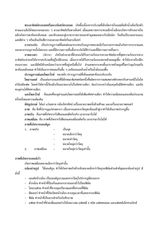 พระอาทิตยทรงกลดหรือดวงจันทรทรงกลด เกิดขึ้นเนื่องจากบริเวณที่เย็นจัดภายในเมฆมีผลึกน้ําแข็งเรียงตัว
ตามแนวเสนโคงของวงกลมรอบ ๆ ดวงอาทิตยหรือดวงจันทร เมื่อแสงขาวตกกระทบผลึกน้ําแข็งจะเกิดการหักเหภายใน
ผลึกเกิดการสะทอนกลับหมด และหักเหออกสูบรรยากาศภายนอกทํามุมพอเหมาะกับนัยนตา จึงเห็นเปนวงแหวนแถบ
แสงสีตาง ๆ หรือเห็นเปนสีขาวรอบดวงอาทิตยหรือดวงจันทร
การกระเจิง เปนปรากฏการณที่แสงสองมากระทบกับอนุภาคขนาดเล็กในบรรยากาศแลวเกิดการกระจายแสง
ออกมาจากอนุภาคนั้นโดยรอบ แสงที่มีความยาวคลื่นสั้นกระเจิงไดดีกวาแสงที่มีความยาวคลื่นยาว
ภาพลวงตา (มิราจ) เกิดในชวงเวลาที่ผิวถนนไดรับความรอนจากดวงอาทิตยมากที่สุดความรอนจากดวง
อาทิตยจะถายเทใหอากาศบริเวณที่อยูใกลผิวถนน เมื่ออากาศไดรับความรอนจะขยายตัวลอยสูงขึ้น ทําใหอากาศใกลผิว
ถนนบางลง และมีดัชนีหักเหนอยกวาอากาศที่อยูเหนือขึ้นไป ลําแสงตกกระทบชั้นอากาศดวยมุมที่โตกวามุมวิกฤตจึง
สะทอนหลับหมด ทําใหเห็นอากาศลอยเปนชั้น ๆ เหนือถนนคลายน้ําหรือน้ํามันนองพื้น
ปรากฏการณแสงโพลาไรซ หมายถึง ปรากฏการณที่เห็นแสงสะทอนระยิบระยับ
โพลารอยด เปนแผนกรองแสงที่มีลักษณะพิเศษชนิดหนึ่งที่ผลิตจากการผสมพลาสติกเหลวกับสารเคมีไอโอโด
ควินินซัลเฟต โดยทําใหสารนี้เรียงตัวเปนแถวขนานไปในทิศทางเดียว ชองวางระหวางโมเลกุลจึงมีทิศทางเดียว แสงจึง
ทะลุผานไดทิศทางเดียว
แสงโพลาไรซ คือแสงที่ทะลุผานแผนโพลารอยดไดเพียงทิศทางเดียว ทําใหความเขมของแสงเหลือประมาณ
ครึ่งหนึ่งของความเขมเดิม
ทัศนูปกรณ ไดแก แวนขยาย กลองโทรทัศน เครื่องฉายภาพหนึ่งขามศีรษะ และเครื่องฉายภาพยนตร
ภาพ คือ สิ่งที่ปรากฏแกสายตาเรา เนื่องจากแสงจากวัตถุสะทอนเขาสูเราทําใหเห็นภาพปรากฏขึ้น
ภาพจริง คือภาพที่เกิดจากรังสีของแสงตัดกันจริง เอาฉากมารับได
ภาพเสมือน คือ ภาพที่เกิดจากรังสีของแสงเสมือนตัดกัน เอาฉากมารับไมได
ภาพที่เกิดจากเลนสนูน
1. ภาพจริง - เปนจุด
- ขนาดเล็กกวาวัตถุ
- ขนาดเทาวัตถุ
- ขนาดใหญกวาวัตถุ
2. ภาพเสมือน - ขนาดใหญกวาวัตถุเทานั้น
ภาพที่เกิดจากเลนสเวา
เกิดภาพเสมือนขนาดเล็กกวาวัตถุเทานั้น
กลองถายรูป ใชเลนสนูน ทําใหเกิดภาพจริงหัวกลับขนาดเล็กกวาวัตถุบนฟลมสวนสําคัญของกลองถายรูป มี
ดังนี้
- เลนสหนากลอง เปนเลนสนูนรวมแสงจากวัตถุไปปรากฏชัดบนฉาก
- ตัวกลอง ทําหนาที่ปองกันแสงจากภายนอกเขาไปโดนฟลม
- ไดอะแฟรม ทําหนาที่ควบคุมปริมาณแสงที่ตกบนที่ฟลม
- ชัตเตอร ทําหนาที่ปดเปดหนากลอง ควบคุมเวลาที่แสงจากบนฟลม
- ฟลม ทําหนาที่เปนฉากสําหรับบันทึกภาพ
- แฟลช ทําหนาที่ชวยเพิ่มแสงสวางใหเหมาะสม แฟลชมี 2 ชนิด แฟลชหลอด และแฟลชอิเล็กทรอนิกส
 