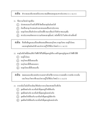 ตัวชี้วัด สำรวจและอธิบำยองค์ประกอบ สมบัติของธำตุและสำรประกอบ (ว 3.1 ม.2/1)
21. ข้อควำมใดกล่ำวถูกต้อง
1 ปรอทและตะกั่วแผ่รังสีได้จัดเป็นธำตุกัมมันตรังสี
2 เงินเป็นธำตุ ส่วนทองคำและทองแดงเป็นสำรประกอบ
3 ธำตุอโลหะเป็นตัวนำควำมร้อนที่ดี เหมำะที่จะนำไปทำภำชนะหุงต้ม
4 สำรประกอบเกิดจำกกำรรวมกันของธำตุตั้งแต่ 2 ชนิดขึ้นไป ในอัตรำส่วนที่คงที่
ตัวชี้วัด สืบค้นข้อมูลและเปรียบเทียบสมบัติของธำตุโลหะ ธำตุอโลหะ ธำตุกึ่งโลหะ
และธำตุกัมมันตรังสี และนำควำมรู้ไปใช้ประโยชน์ (ว 3.1 ม.2/2)
22. ธำตุในข้อใดที่มีสมบัตินำไฟฟ้ำได้ไม่ดีที่อุณหภูมิห้อง แต่ถ้ำอุณหภูมิสูงจะนำไฟฟ้ำได้ดี
1 ธำตุกึ่งโลหะ
2 ธำตุโลหะที่เป็นของแข็ง
3 ธำตุโลหะที่เป็นของเหลว
4 ธำตุอโลหะที่เป็นของแข็ง
ตัวชี้วัด ทดลองและอธิบำยหลักกำรแยกสำรด้วยวิธีกำรกรอง กำรตกผลึก กำรสกัด กำรกลั่น
และโครมำโทกรำฟี และนำควำมรู้ไปใช้ประโยชน์ (ว 3.1 ม.2/3)
23. กำรกลั่นน้ำมันปิโตรเลียมใช้หลักกำรทำงวิทยำศำสตร์ในข้อใด
1 จุดเดือดต่ำงกัน จะกลั่นตัวที่อุณหภูมิใกล้เคียงกัน
2 จุดเดือดต่ำงกัน จะกลั่นตัวที่อุณหภูมิแตกต่ำงกัน
3 จุดเดือดใกล้เคียงกัน จะกลั่นตัวที่อุณหภูมิเดียวกัน
4 จุดเดือดใกล้เคียงกัน จะกลั่นตัวที่อุณหภูมิแตกต่ำงกัน
 