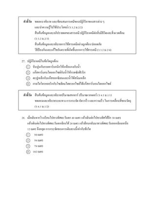 ตัวชี้วัด ทดลอง อธิบำย และเขียนสมกำรเคมีของปฏิกิริยำของสำรต่ำง ๆ
และนำควำมรู้ไปใช้ประโยชน์ (ว 3.2 ม.2/2)
สืบค้นข้อมูลและอภิปรำยผลของสำรเคมี ปฏิกิริยำเคมีต่อสิ่งมีชีวิตและสิ่งแวดล้อม
(ว 3.2 ม.2/3)
สืบค้นข้อมูลและอธิบำยกำรใช้สำรเคมีอย่ำงถูกต้อง ปลอดภัย
วิธีป้ องกันและแก้ไขอันตรำยที่เกิดขึ้นจำกกำรใช้สำรเคมี (ว 3.2 ม.2/4)
27. ปฏิกิริยำเคมีในข้อใดถูกต้อง
1 หินปูนกับกรดคำร์บอนิกให้เกลือแกงกับน้ำ
2 แก๊สคำร์บอนไดออกไซด์กับน้ำให้กรดซัลฟิวริก
3 ตะปูเหล็กกับแก๊สออกซิเจนและน้ำได้สนิมเหล็ก
4 กรดไฮโดรคลอริกกับโซเดียมไฮดรอกไซด์ได้แก๊สคำร์บอนไดออกไซด์
ตัวชี้วัด สืบค้นข้อมูลและอธิบำยปริมำณสเกลำร์ ปริมำณเวกเตอร์ (ว 4.1 ม.1/1)
ทดลองและอธิบำยระยะทำง กำรกระจัด อัตรำเร็ว และควำมเร็ว ในกำรเคลื่อนที่ของวัตถุ
(ว 4.1 ม.1/2)
28. เมื่อเดินจำกโรงเรียนไปทำงทิศตะวันตก 40 เมตร แล้วเดินต่อไปทำงทิศใต้อีก 30 เมตร
แล้วเดินต่อไปทำงทิศตะวันตกเฉียงใต้20 เมตร แล้วย้อนกลับมำทำงทิศตะวันออกเฉียงเหนือ
12 เมตร จึงหยุด กำรกระจัดของกำรเดินทำงนี้เท่ำกับข้อใด
1 50 เมตร
2 58 เมตร
3 78 เมตร
4 102 เมตร
 