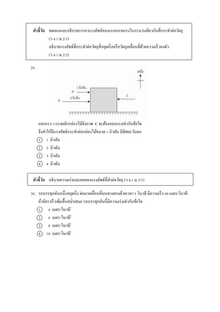 ตัวชี้วัด ทดลองและอธิบำยกำรหำแรงลัพธ์ของแรงหลำยแรงในระนำบเดียวกันที่กระทำต่อวัตถุ
(ว 4.1 ม.2/1)
อธิบำยแรงลัพธ์ที่กระทำต่อวัตถุที่หยุดนิ่งหรือวัตถุเคลื่อนที่ด้วยควำมเร็วคงตัว
(ว 4.1 ม.2/2)
29.
ออกแรง 3 แรงผลักกล่องไม้ดังภำพ C จะต้องออกแรงเท่ำกับข้อใด
จึงทำให้มีแรงลัพธ์กระทำต่อกล่องไม้ขนำด 1 นิวตัน มีทิศตะวันตก
1 1 นิวตัน
2 2 นิวตัน
3 3 นิวตัน
4 4 นิวตัน
ตัวชี้วัด อธิบำยควำมเร่งและผลของแรงลัพธ์ที่ทำต่อวัตถุ (ว 4.1 ม.3/1)
30. รถบรรทุกคันหนึ่งหยุดนิ่ง ต่อมำเคลื่อนที่บนทำงตรงด้วยเวลำ 5 วินำที มีควำมเร็ว 40 เมตร/วินำที
ถ้ำอัตรำเร็วเพิ่มขึ้นสม่ำเสมอ รถบรรทุกคันนี้มีควำมเร่งเท่ำกับข้อใด
1 4 เมตร/วินำที2
2 6 เมตร/วินำที2
3 8 เมตร/วินำที2
4 10 เมตร/วินำที2
 