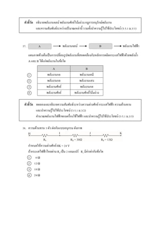 ตัวชี้วัด อธิบำยพลังงำนจลน์ พลังงำนศักย์โน้มถ่วง กฎกำรอนุรักษ์พลังงำน
และควำมสัมพันธ์ระหว่ำงปริมำณเหล่ำนี้ รวมทั้งนำควำมรู้ไปใช้ประโยชน์ (ว 5.1 ม.3/1)
37. พลังงำนจลน์ พลังงำนไฟฟ้ำ
แผนภำพข้ำงต้นเป็นกำรเปลี่ยนรูปพลังงำนที่สอดคล้องกับหลักกำรผลิตกระแสไฟฟ้ำด้วยพลังน้ำ
A และ B ได้แก่พลังงำนในข้อใด
1
2
3
4
ตัวชี้วัด ทดลองและอธิบำยควำมสัมพันธ์ระหว่ำงควำมต่ำงศักย์กระแสไฟฟ้ำ ควำมต้ำนทำน
และนำควำมรู้ไปใช้ประโยชน์ (ว 5.1 ม.3/2)
คำนวณพลังงำนไฟฟ้ำของเครื่องใช้ไฟฟ้ำ และนำควำมรู้ไปใช้ประโยชน์ (ว 5.1 ม.3/3)
38. ควำมต้ำนทำน 3 ตัว ต่อกันแบบอนุกรม ดังภำพ
กำหนดให้ควำมต่ำงศักย์HK = 24 V
ถ้ำกระแสไฟฟ้ำไหลผ่ำน R3 เป็น 2 แอมแปร์ R1 มีค่ำเท่ำกับข้อใด
1 6 Ω
2 12 Ω
3 18 Ω
4 24 Ω
A B
พลังงำนกล พลังงำนเคมี
พลังงำนกล พลังงำนแสง
พลังงำนศักย์ พลังงำนกล
พลังงำนศักย์ พลังงำนศักย์โน้มถ่วง
A B
 