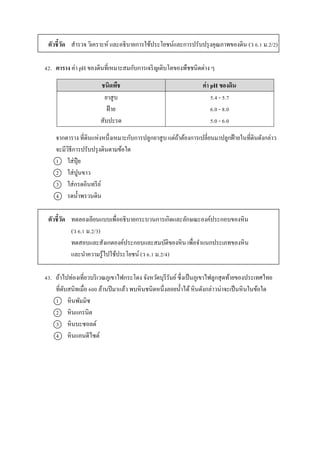 ตัวชี้วัด สำรวจ วิเครำะห์ และอธิบำยกำรใช้ประโยชน์และกำรปรับปรุงคุณภำพของดิน (ว 6.1 ม.2/2)
42. ตาราง ค่ำ pH ของดินที่เหมำะสมกับกำรเจริญเติบโตของพืชชนิดต่ำง ๆ
จำกตำรำง ที่ดินแห่งหนึ่งเหมำะกับกำรปลูกยำสูบ แต่ถ้ำต้องกำรเปลี่ยนมำปลูกฝ้ำยในที่ดินดังกล่ำว
จะมีวิธีกำรปรับปรุงดินตำมข้อใด
1 ใส่ปุ๋ ย
2 ใส่ปูนขำว
3 ใส่กรดอินทรีย์
4 รดน้ำพรวนดิน
ตัวชี้วัด ทดลองเลียนแบบเพื่ออธิบำยกระบวนกำรเกิดและลักษณะองค์ประกอบของหิน
(ว 6.1 ม.2/3)
ทดสอบและสังเกตองค์ประกอบและสมบัติของหิน เพื่อจำแนกประเภทของหิน
และนำควำมรู้ไปใช้ประโยชน์ (ว 6.1 ม.2/4)
43. ถ้ำไปท่องเที่ยวบริเวณภูเขำไฟกระโดง จังหวัดบุรีรัมย์ซึ่งเป็นภูเขำไฟลูกสุดท้ำยของประเทศไทย
ที่ดับสนิทเมื่อ 600 ล้ำนปีมำแล้ว พบหินชนิดหนึ่งลอยน้ำได้หินดังกล่ำวน่ำจะเป็นหินในข้อใด
1 หินพัมมิซ
2 หินแกรนิต
3 หินบะซอลต์
4 หินแอนดีไซต์
ชนิดพืช ค่า pH ของดิน
ยำสูบ
ฝ้ำย
สับปะรด
5.4 - 5.7
6.0 - 8.0
5.0 - 6.0
 