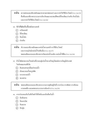 ตัวชี้วัด ตรวจสอบและอธิบำยลักษณะทำงกำยภำพของแร่ และกำรนำไปใช้ประโยชน์ (ว 6.1 ม.2/5)
สืบค้นและอธิบำยกระบวนกำรเกิด ลักษณะและสมบัติของปิโตรเลียม ถ่ำนหิน หินน้ำมัน
และกำรนำไปใช้ประโยชน์ (ว 6.1 ม.2/6)
44. ข้อใดไม่จัดเป็นเชื้อเพลิงธรรมชำติ
1 แร่รัตนชำติ
2 ปิโตรเลียม
3 หินน้ำมัน
4 ถ่ำนหิน
ตัวชี้วัด สำรวจและอธิบำยลักษณะแหล่งน้ำธรรมชำติ กำรใช้ประโยชน์
และกำรอนุรักษ์แหล่งน้ำในท้องถิ่น (ว 6.1 ม.2/7)
ทดลองเลียนแบบและอธิบำยกำรเกิดแหล่งน้ำบนดิน แหล่งน้ำใต้ดิน (ว 6.1 ม.2/8)
45. ถ้ำน้ำพัดพำตะกอนไหลผ่ำนที่รำบลงสู่แอ่งน้ำขนำดใหญ่ มีผลต่อกำรเกิดภูมิประเทศ
ในลักษณะตำมข้อใด
1 ดินดอนสำมเหลี่ยมปำกแม่น้ำ
2 เนินตะกอนน้ำพำรูปพัด
3 เกำะกลำงแม่น้ำ
4 ทะเลสำบ
ตัวชี้วัด ทดลองเลียนแบบและอธิบำยกระบวนกำรผุพังอยู่กับที่ กำรกร่อน กำรพัดพำ กำรทับถม
กำรตกผลึก และผลของกระบวนกำรดังกล่ำว (ว 6.1 ม.2/9)
46. กำรกร่อนของหินในข้อใดทำให้เกิดหินงอกหินย้อยในถ้ำ
1 หินดินดำน
2 หินแกรนิต
3 หินทรำย
4 หินปูน
 