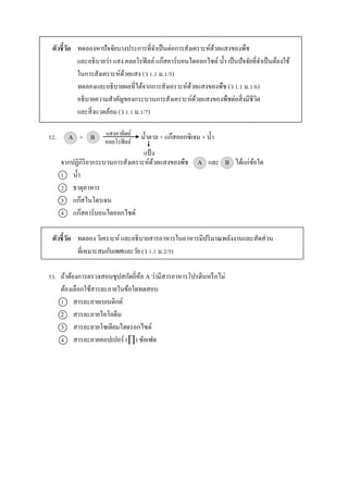ตัวชี้วัด ทดลองหำปัจจัยบำงประกำรที่จำเป็นต่อกำรสังเครำะห์ด้วยแสงของพืช
และอธิบำยว่ำ แสง คลอโรฟิลล์ แก๊สคำร์บอนไดออกไซด์ น้ำ เป็นปัจจัยที่จำเป็นต้องใช้
ในกำรสังเครำะห์ด้วยแสง (ว 1.1 ม.1/5)
ทดลองและอธิบำยผลที่ได้จำกกำรสังเครำะห์ด้วยแสงของพืช (ว 1.1 ม.1/6)
อธิบำยควำมสำคัญของกระบวนกำรสังเครำะห์ด้วยแสงของพืชต่อสิ่งมีชีวิต
และสิ่งแวดล้อม (ว 1.1 ม.1/7)
52. A + B น้ำตำล + แก๊สออกซิเจน + น้ำ
จำกปฏิกิริยำกระบวนกำรสังเครำะห์ด้วยแสงของพืช A และ B ได้แก่ข้อใด
1 น้ำ
2 ธำตุอำหำร
3 แก๊สไนโตรเจน
4 แก๊สคำร์บอนไดออกไซด์
ตัวชี้วัด ทดลอง วิเครำะห์ และอธิบำยสำรอำหำรในอำหำรมีปริมำณพลังงำนและสัดส่วน
ที่เหมำะสมกับเพศและวัย (ว 1.1 ม.2/5)
53. ถ้ำต้องกำรตรวจสอบซุปสกัดยี่ห้อ A ว่ำมีสำรอำหำรโปรตีนหรือไม่
ต้องเลือกใช้สำรละลำยในข้อใดทดสอบ
1 สำรละลำยเบเนดิกต์
2 สำรละลำยไอโอดีน
3 สำรละลำยโซเดียมไฮดรอกไซด์
4 สำรละลำยคอปเปอร์ (∏) ซัลเฟต
แสงอำทิตย์
คลอโรฟิลล์
แป้ง
 